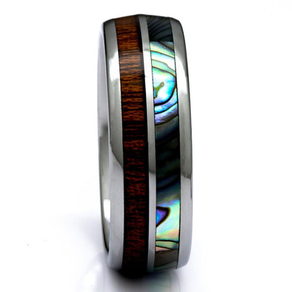Mens Tungsten Wood Ring with Abalone and Koa Wood, 8mm Comfort Fit Wedding Band - PCH Rings