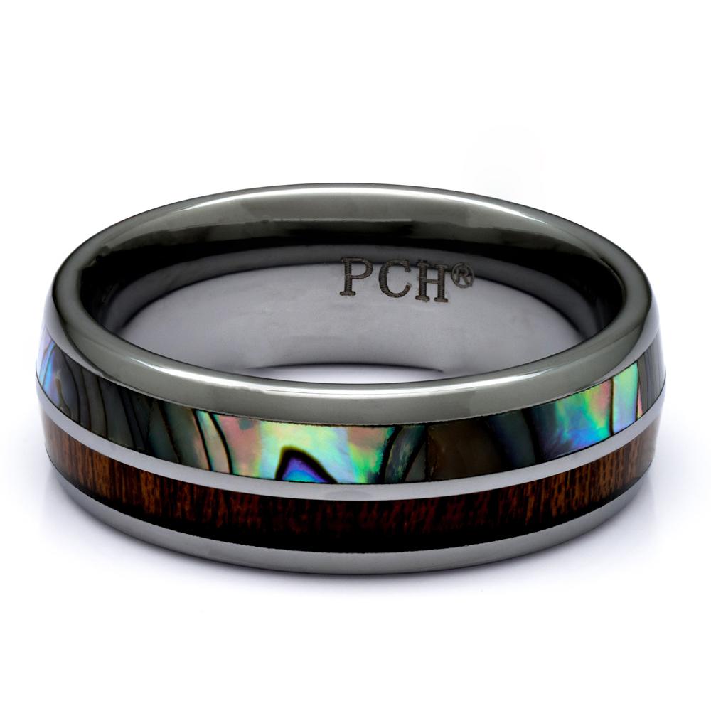 Mens Tungsten Wood Ring with Abalone and Koa Wood, 8mm Comfort Fit Wedding Band - PCH Rings