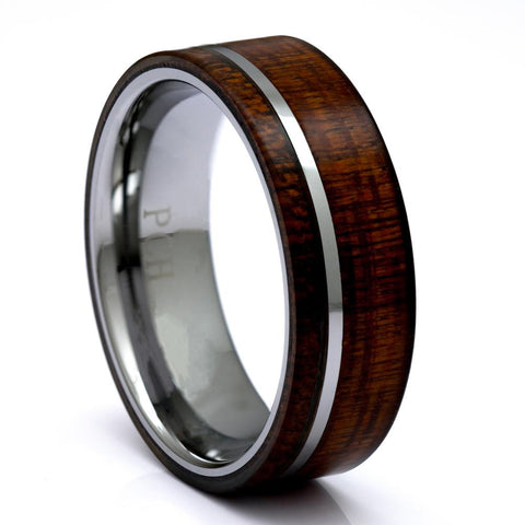 Hawaiian Koa Wood Ring, Tungsten Carbide 8mm Comfort Fit Wedding Band - PCH Rings
