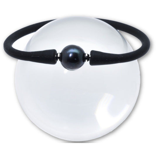 Freshwater Pearl Bracelet Set in a Black Silicone Rubber 10mm Black Pearl - PCH Rings