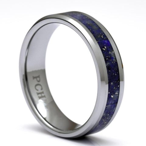 Tungsten Ring With Blue Lapis Lazuli Inlay, 6mm Comfort Fit Wedding Band - PCH Rings