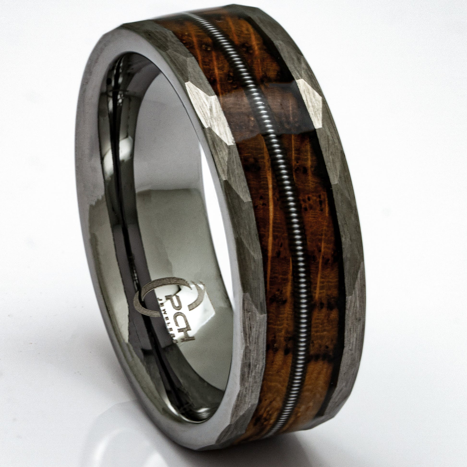 Hammered Tungsten, Whiskey Barrel, Guitar String Ring, 8mm Comfort Fit Wedding Band - PCH Jewelers INC.
