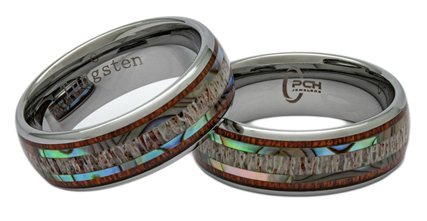 Tungsten Ring With Antler, Koa Wood and Abalone Shell, 8mm Comfort Fit Wedding Band - PCH Jewelers INC.