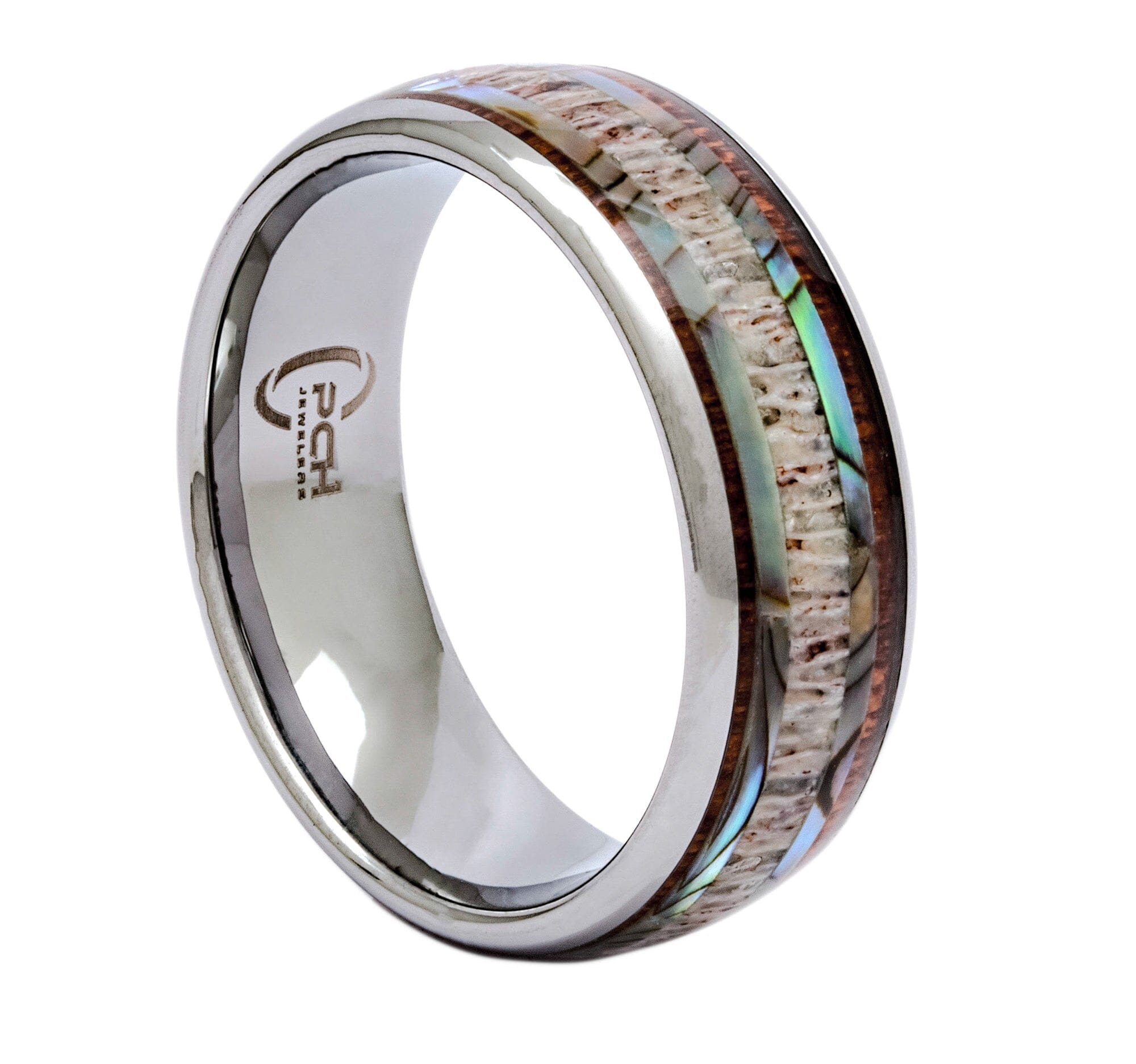 Tungsten Ring With Antler, Koa Wood and Abalone Shell, 8mm Comfort