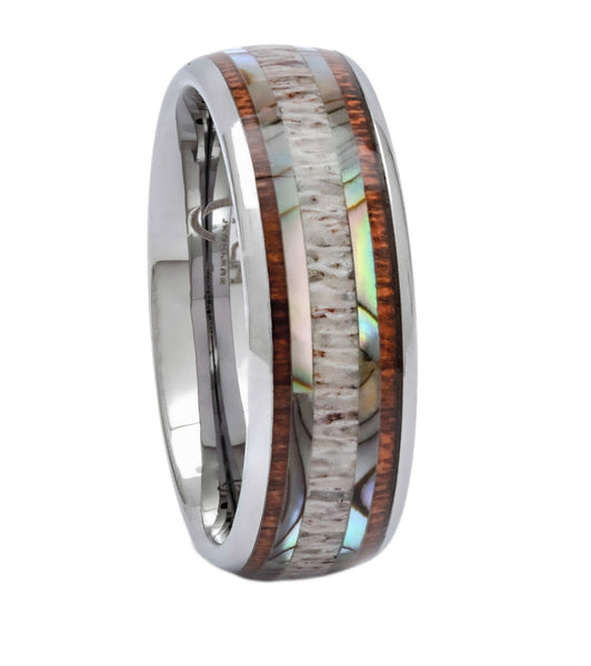 Tungsten Ring With Antler, Koa Wood and Abalone Shell, 8mm Comfort Fit Wedding Band - PCH Jewelers INC.