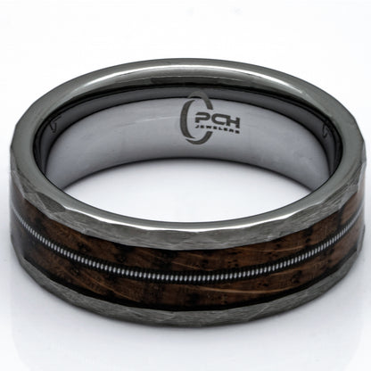 Hammered Tungsten, Whiskey Barrel, Guitar String Ring, 8mm Comfort Fit Wedding Band - PCH Jewelers INC.